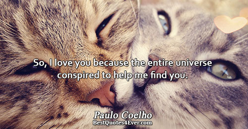 So, I love you because the entire universe conspired to help me find you.. Paulo Coelho