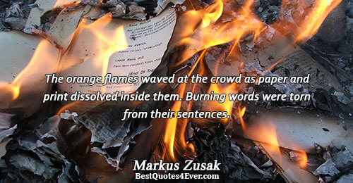 The orange flames waved at the crowd as paper and print dissolved inside them. Burning words